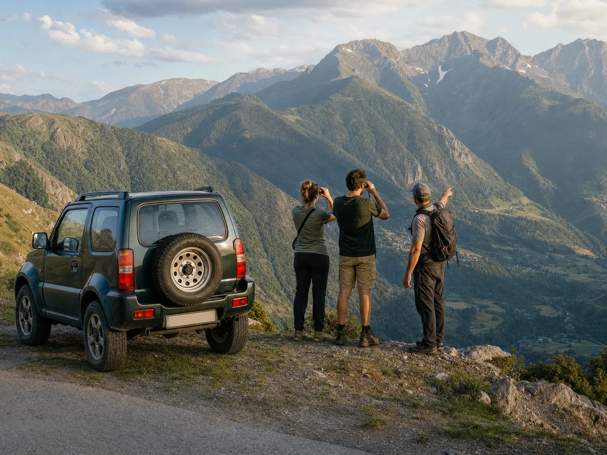 Grupo observando el valle con prismáticos junto al 4x4, en un mirador de alta montaña