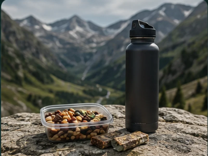 Botella de agua y comida para la ruta